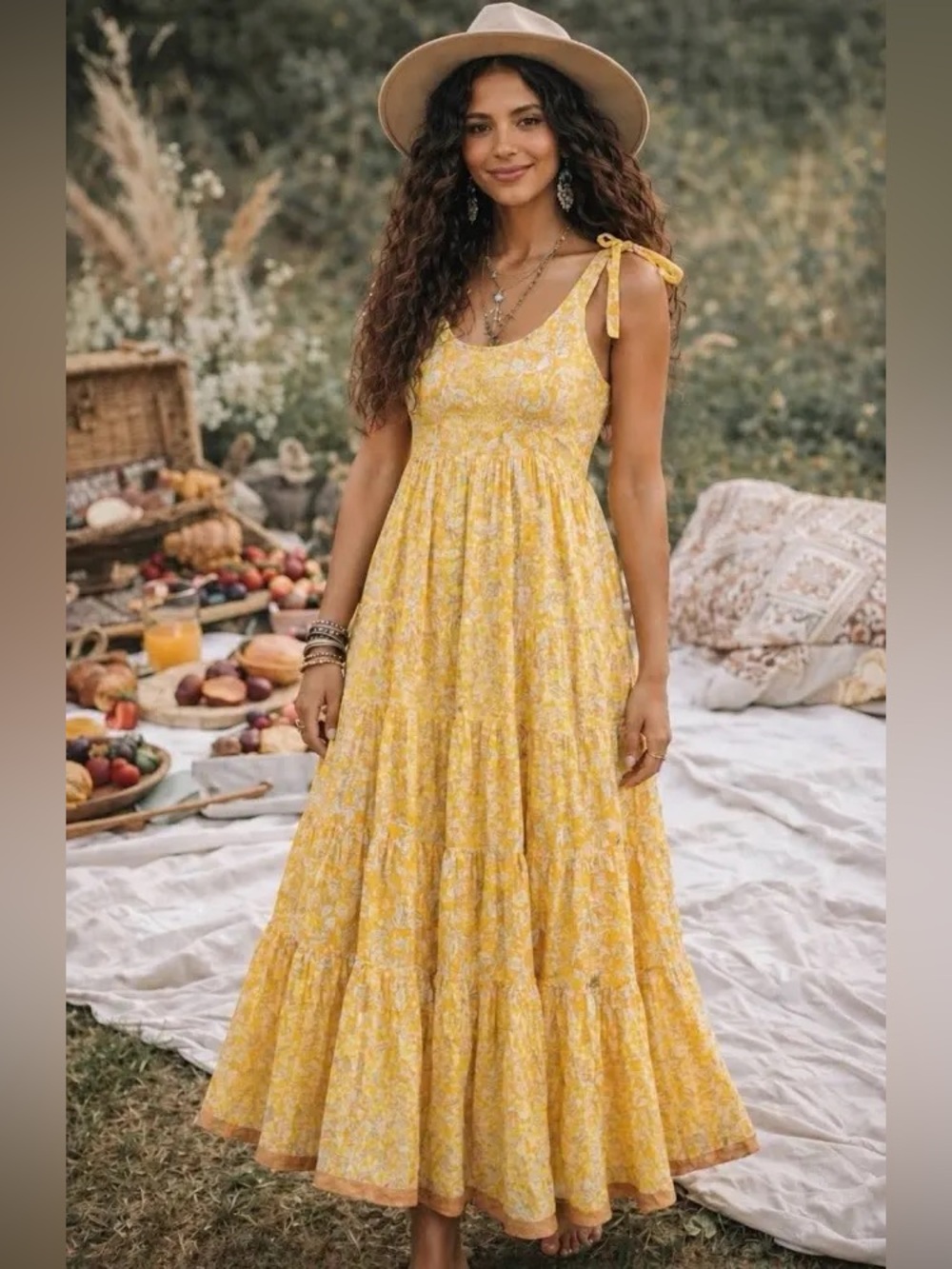 Free People Yellow Floral Tie Strap Tiered Maxi Dress Cottagecore Size L